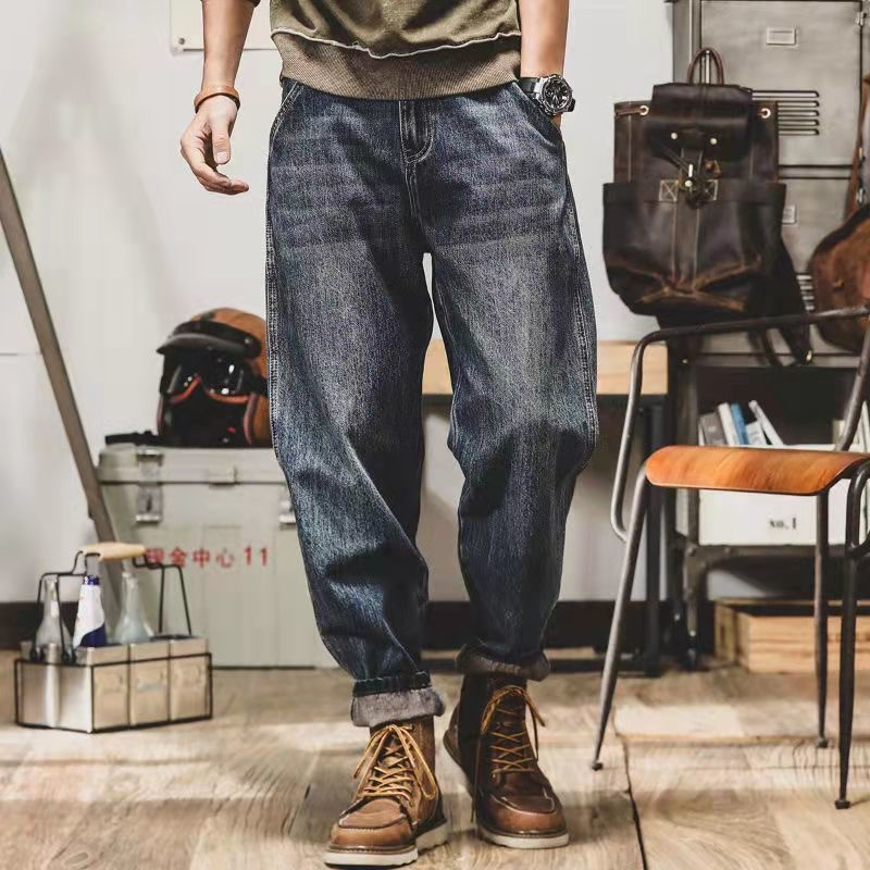 Vintage jeans men's loose straight-tube old trousers men's