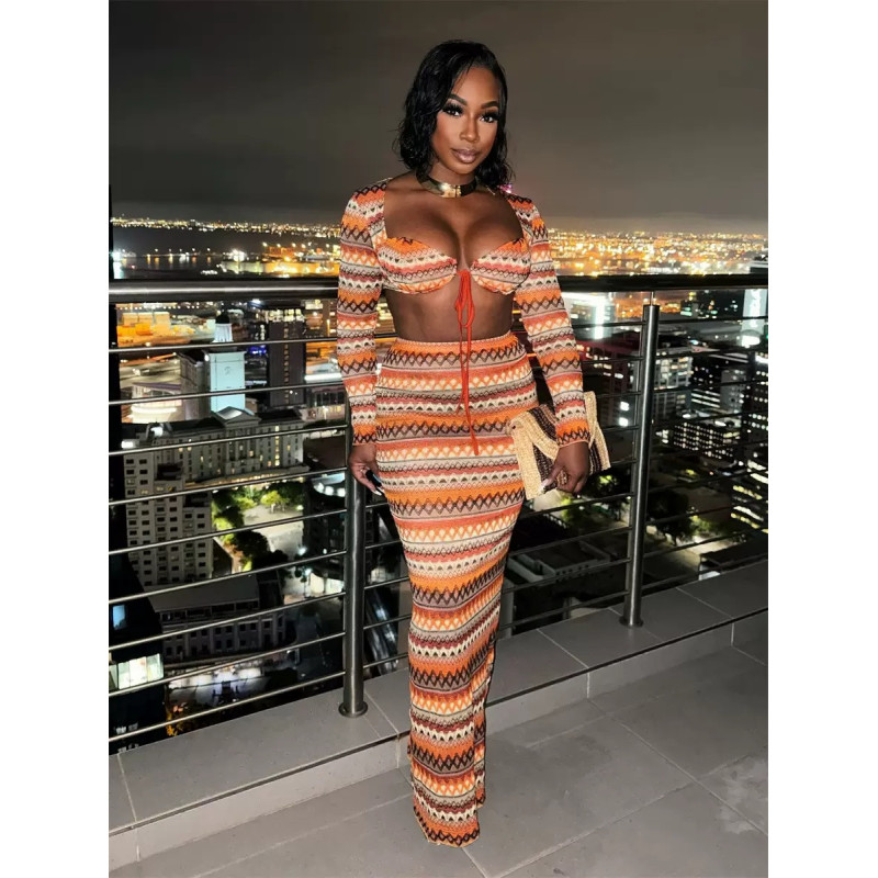 Summer new women's sexy hot girl square collar top slim body wrap hip long skirt set