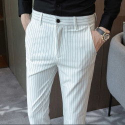 Ice silk vertical striped trousers casual nine-point trousers men's trendy slim small foot long trousers