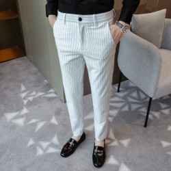 Ice silk vertical striped trousers casual nine-point trousers men's trendy slim small foot long trousers