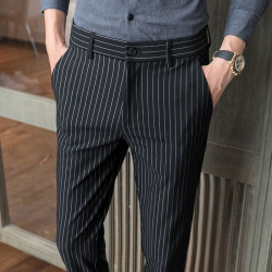 Ice silk vertical striped trousers casual nine-point trousers men's trendy slim small foot long trousers