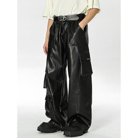 Hip-hop punk leather pants men's street workwear pants high street fashion brand multi-pocket trousers
