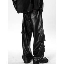 Hip-hop punk leather pants men's street workwear pants high street fashion brand multi-pocket trousers