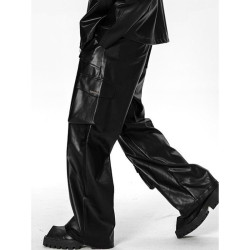 Hip-hop punk leather pants men's street workwear pants high street fashion brand multi-pocket trousers