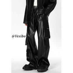 Hip-hop punk leather pants men's street workwear pants high street fashion brand multi-pocket trousers