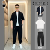 [Three-piece set] Slightly fat boys look thin and wear men's large-size short-sleeved small suits