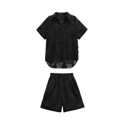 Temperament Hong Kong style niche design sense jacquard solid colour fashion suit loose bat sleeve top + elastic waist shorts