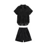 Temperament Hong Kong style niche design sense jacquard solid colour fashion suit loose bat sleeve top + elastic waist shorts