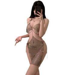 Super sexy hot nightclub high-end suspender skirt transparent skin hollow shining metal chain small chest sexy dress
