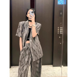 Summer new casual fashion ink painting short-sleeved suit feminine slim high-waisted wide-leg pants two-piece set