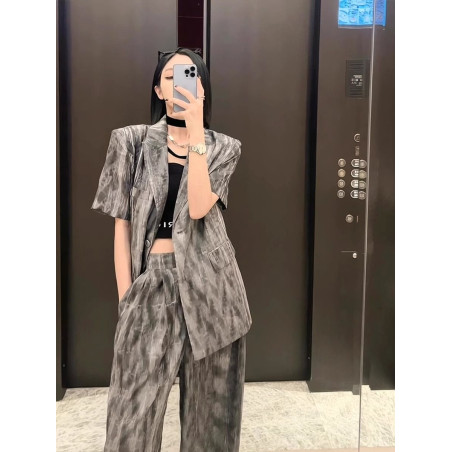 Summer new casual fashion ink painting short-sleeved suit feminine slim high-waisted wide-leg pants two-piece set