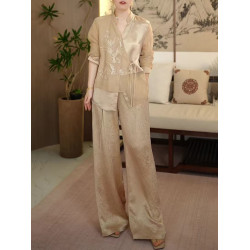 Summer new Chinese national style niche fashion suit buckle cardigan jacket + wide-leg pants two-piece set