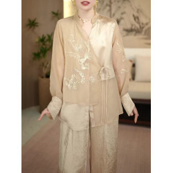 Summer new Chinese national style niche fashion suit buckle cardigan jacket + wide-leg pants two-piece set