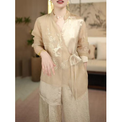 Summer new Chinese national style niche fashion suit buckle cardigan jacket + wide-leg pants two-piece set
