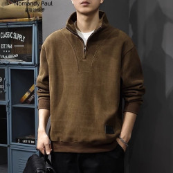 Corduroy sweatshirt retro style men's long-sleeved polo shirt half-zipper stand-up collar top