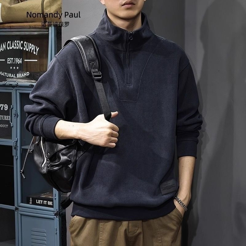 Corduroy sweatshirt retro style men's long-sleeved polo shirt half-zipper stand-up collar top