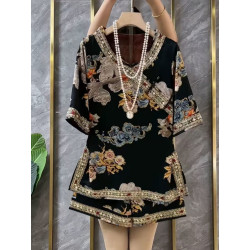 Heavy industry retro printed new Chinese suit women's summer new platter buckle temperament top two-piece set