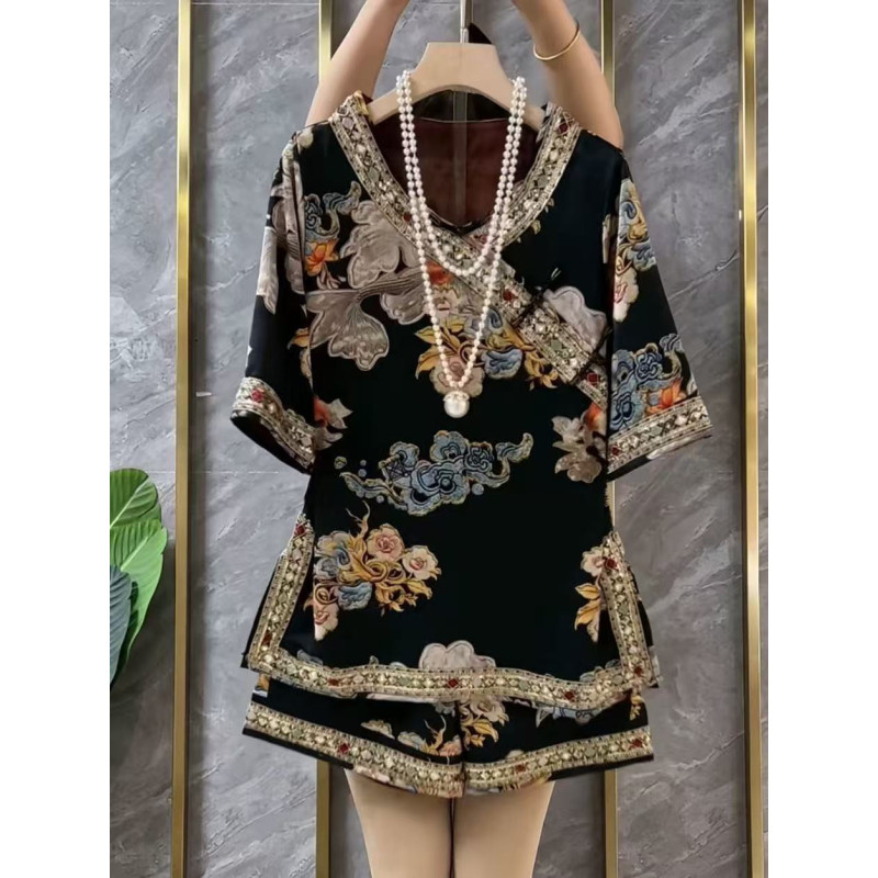 Heavy industry retro printed new Chinese suit women's summer new platter buckle temperament top two-piece set