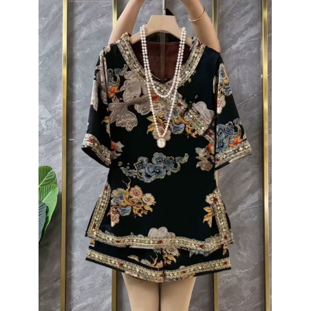 Heavy industry retro printed new Chinese suit women's summer new platter buckle temperament top two-piece set