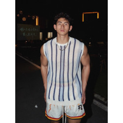 Striped street vest knitwear sleeveless fashion brand niche vest design sense street hollow top