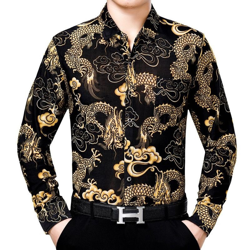 Long-sleeved shirt, dragon pattern shirt, ice silk, iron-free printed shirt, dragon pattern shirt, top