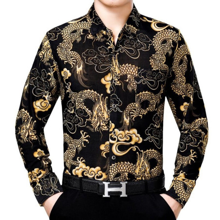 Long-sleeved shirt, dragon pattern shirt, ice silk, iron-free printed shirt, dragon pattern shirt, top