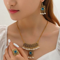 New ethnic retro gemstone geometric necklace earrings set