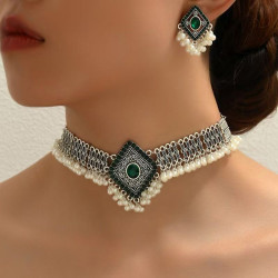New ethnic retro gemstone geometric necklace earrings set