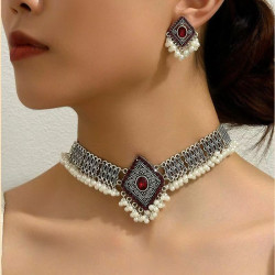 New ethnic retro gemstone geometric necklace earrings set