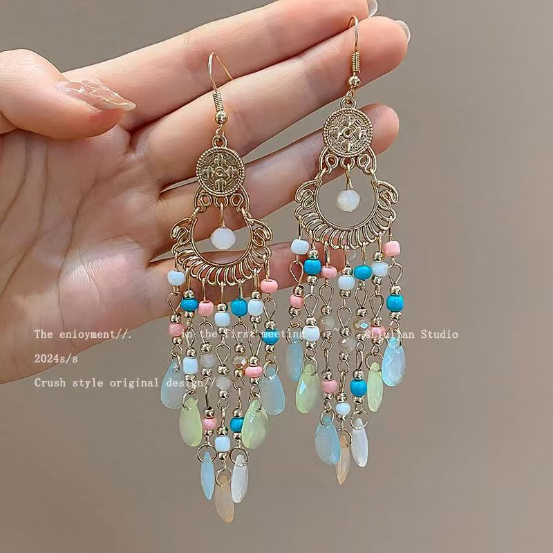 Women's ethnic style Miao silver tassel earrings