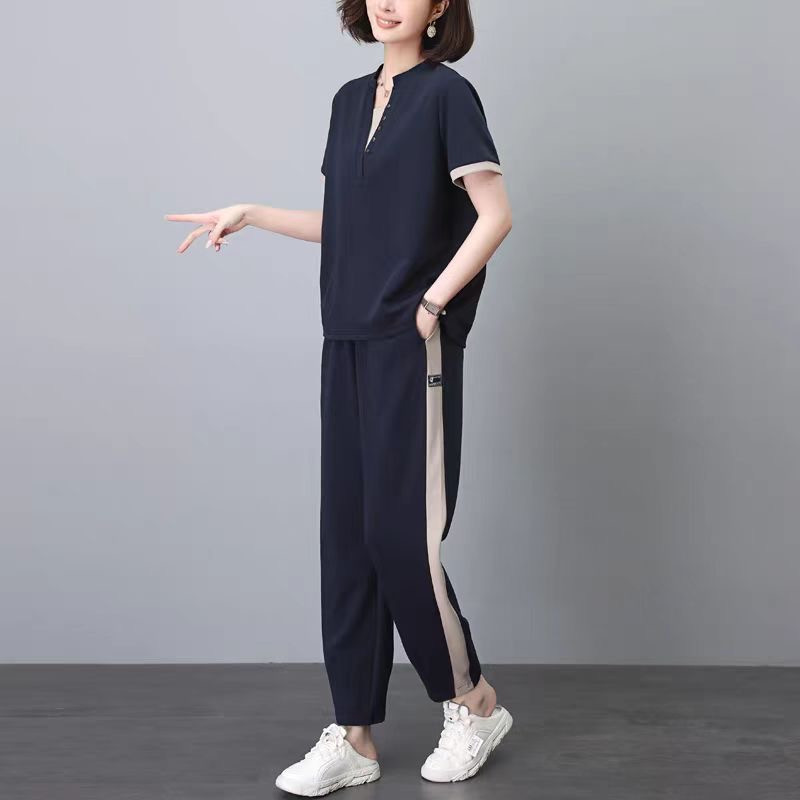Fashionable foreign style suit mom's new loose casual two-piece set middle-aged mother age-reducing casual sports suit summer
