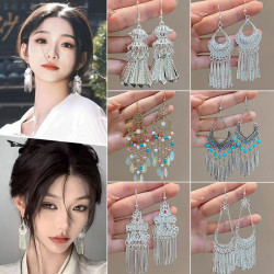 Women's ethnic style Miao silver tassel earrings