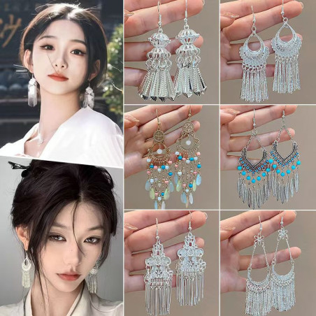 Women's ethnic style Miao silver tassel earrings