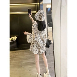 Summer thin hooded loose printed ice-feeling outdoor breathable sunscreen jacket fashion shorts two-piece set
