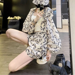 Summer thin hooded loose printed ice-feeling outdoor breathable sunscreen jacket fashion shorts two-piece set