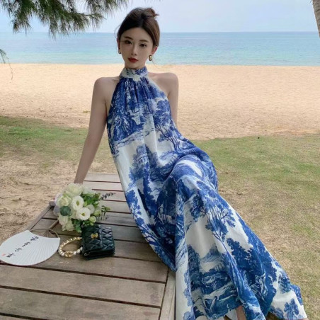 New French casual vacation A-line linen ink print design dress