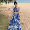 New French casual vacation A-line linen ink print design dress