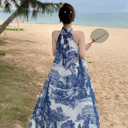 New French casual vacation A-line linen ink print design dress