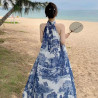 New French casual vacation A-line linen ink print design dress