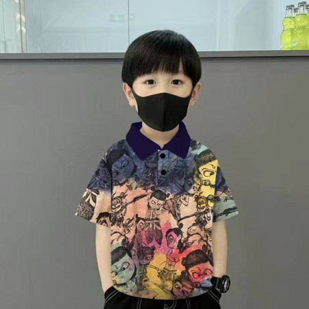 Boys' Nezha short-sleeved polo shirt, children's handsome lapel T-shirt, middle-aged children's tie-dyed
