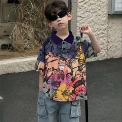 Boys' Nezha short-sleeved polo shirt, children's handsome lapel T-shirt, middle-aged children's tie-dyed
