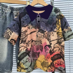 Boys' Nezha short-sleeved polo shirt, children's handsome lapel T-shirt, middle-aged children's tie-dyed