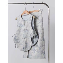 New Chinese style women's clothing blue printed brocade button