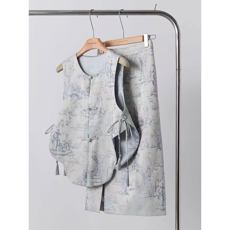 New Chinese style women's clothing blue printed brocade button