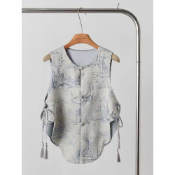 New Chinese style women's clothing blue printed brocade button