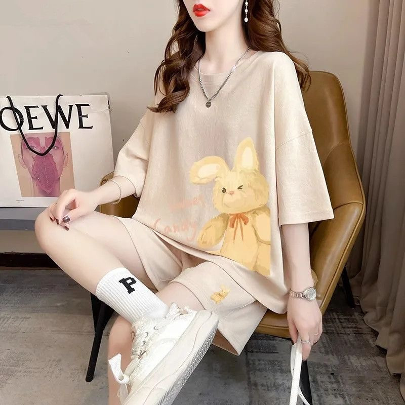 New extra-large size fat MM casual sports style two-piece set summer design sense fashion loose slimming pure cotton set