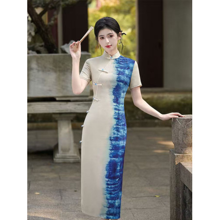 New Chinese style blue tie-dyed gradient cheongsam