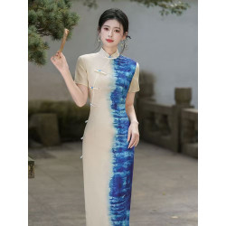 New Chinese style blue tie-dyed gradient cheongsam