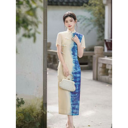 New Chinese style blue tie-dyed gradient cheongsam