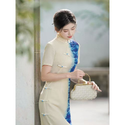 New Chinese style blue tie-dyed gradient cheongsam